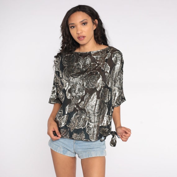 Silver Floral Shirt Metallic Sheer Blouse Rose Pr… - image 2