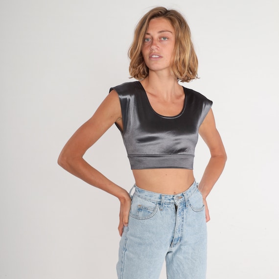 Silver Crop Top 90s Metallic Cropped Shirt Shiny Blouse Cap Sleeve Scoop Neck Lycra Spandex Party Going Out Vintage 1990s Contempo Casual XS