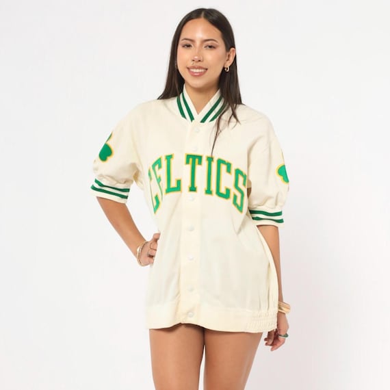 80s Celtics Warm Up Jacket Jersey NBA Basketball Cream Green Shamrock Patch Varsity Striped Collar Cuff Sports Ivory Athletic Top Medium M