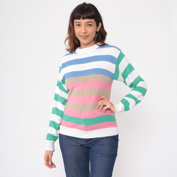 Color Block Striped Sweater 80s 90s Acrylic Knit Multicolored Pullover Crewneck Retro White Pink Blue Green Vintage 1980s Extra Small xs