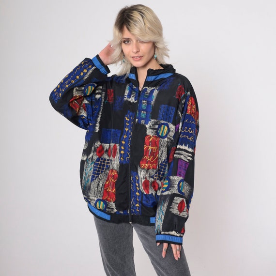 90s Patchwork Windbreaker Black Checkered Abstrac… - image 4