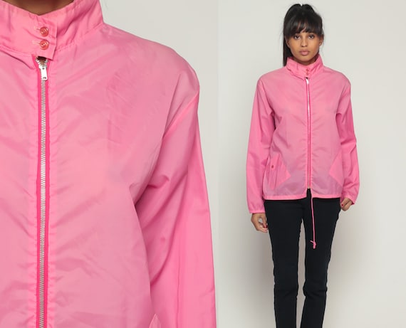 Pink Windbreaker Jacket 80s Coat Nylon Shell Sheer Hipster Vintage Funnel Neck 1980s Lightweight Small Medium