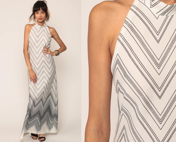 70s Maxi Dress Long Striped Zig Zag Print HALTER Neck White Black Hippie 1970s Sun Boho Party Gown Vintage Bohemian Open Back Small Medium
