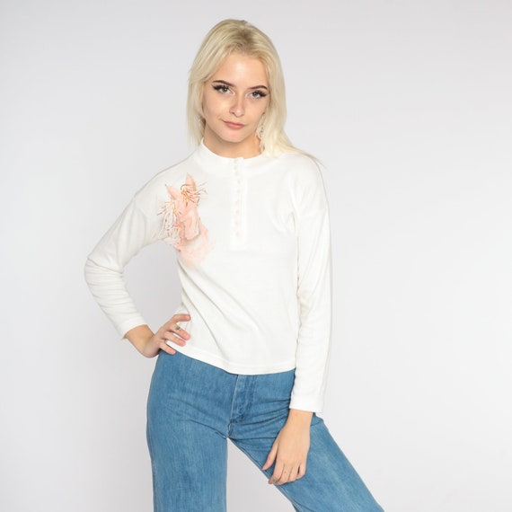Painted Horse Shirt 90s Glitter Paint T-shirt Sparkly Long Sleeve Henley Animal Shirt Retro Boho Top Streetwear White 1990s Vintage Small S