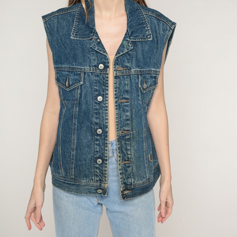 90s Denim Vest Tommy Hilfiger Button up Top Retro Sleeveless Jean Jacket Star Print Lining Biker Rocker Streetwear Vintage 1990s Large L image 7