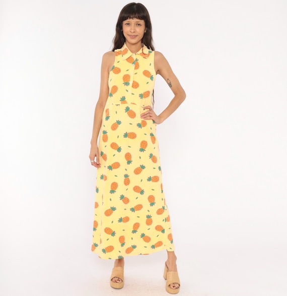 Pineapple Print Dress 90s Yellow Sleeveless Collared Cotton Fruit Novelty Pattern Tropical Summer  Vacation Orange Green Vintage Small S
