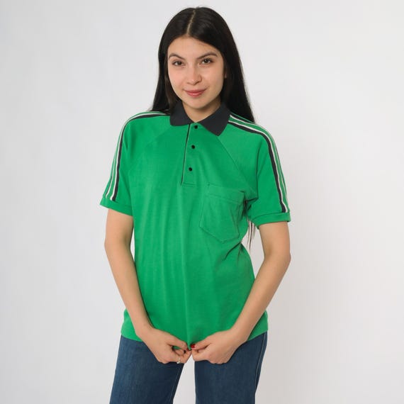 80s Athletic Polo Green Black Stripes Short Sleeve Button Front Vintage Sports Preppy Golf Tennis Eighties Polyester Cotton Casual Medium M