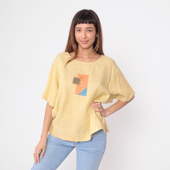 Yellow Linen Blouse 90s Geometric Patchwork Applique Short Sleeve Tunic Top Cottagecore Minimalist Loose Fit Casual Summer Vintage Large L