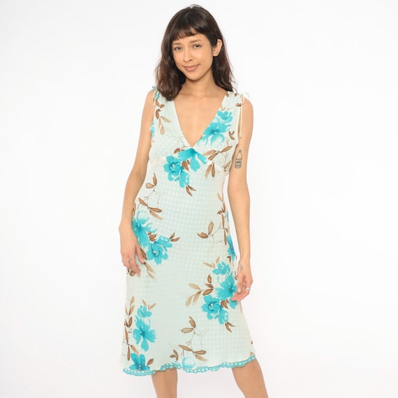 Reversible Y2K Dress Floral Polka Dot Aqua Turquoise Blue Cream Sleeveless V Neck Tie Shoulder Midi Chiffon 2000s Knee Length Women Medium M