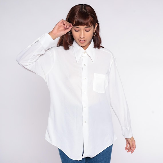White Button Up Shirt 70s Long Sleeve Chest Pocket Clean Girl Minimalist Office Work Professional Classic Vintage Casual Blouse Large L