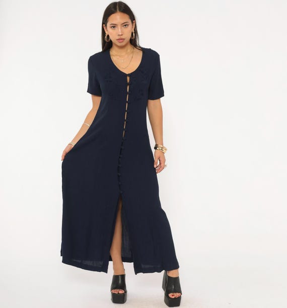 Embroidered Navy Maxi Dress 90s Button Front Floral Applique Short Sleeve Dark Blue Vintage Summer Rayon Floor Length Medium Large ML