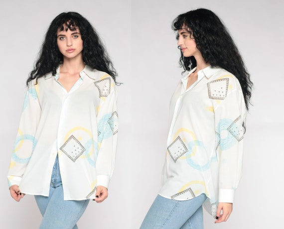 Y2K Button Up Shirt White Geometric Shirt Pointed Collar Shirt 00s Long Sleeve Blouse Square Shapes Vintage 2000s Extra Large xl