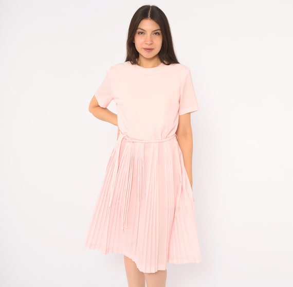 60s Pink Pleated Day Dress Blouson Braided Belt Drop Waist Blush Semi Sheer Full Skirt Garden Party Coquette Balletcore Vintage Small S