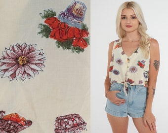 Floral Crop Top 90s Button up Tank Top Cream Gardening Flower Pot Print Cropped Tie Front Shirt Summer Sleeveless Blouse Vintage 1990s Large