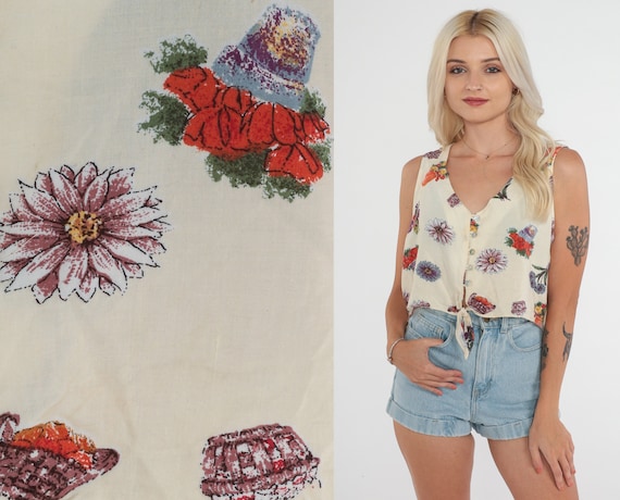 Floral Crop Top 90s Button up Tank Top Cream Gard… - image 1