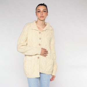 Cable Knit Cardigan 70s 80s Cream Wool Button Up Fisherman Sweater Retro Chunky Bohemian Grandpa Cableknit Pockets Vintage 1980s Large L image 2