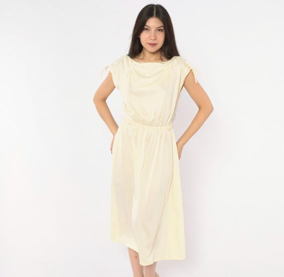 70s Cream Tie Sleeve Dress Ivory Cap Shoulder Bow Detail A Line Midi Frock Off White Feminine Vintage Scoop Neck Blouson Small Medium S M