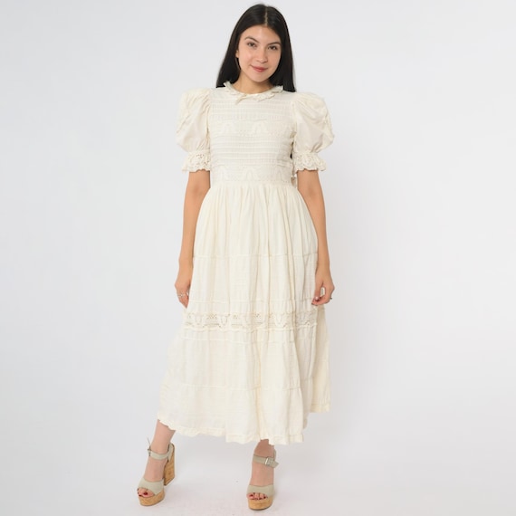 Vintage 80s Cream Lace Puff Sleeve Midi Dress Crochet Trim Ruffle Collar Prairie Style Romantic Boho Wedding Cottagecore Extra Small XS