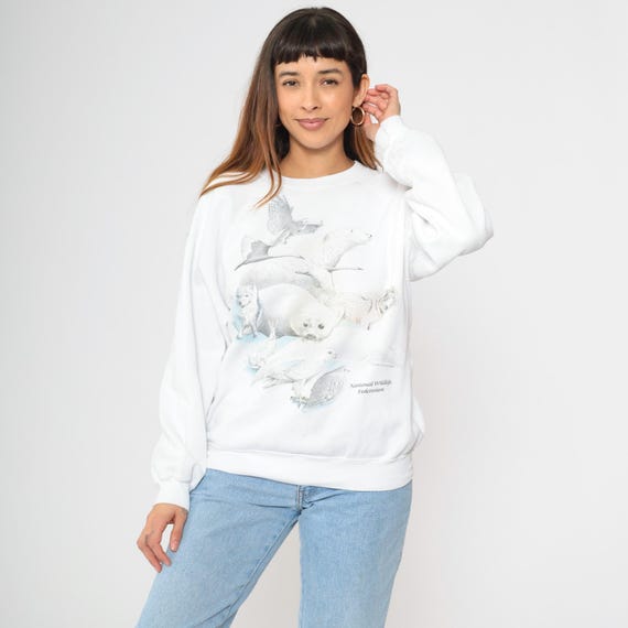 Vintage Wildlife Sweatshirt 90s White Arctic Animal Print Pullover National Wildlife Federation 1990s Nature Crewneck Hanes Extra Large xl