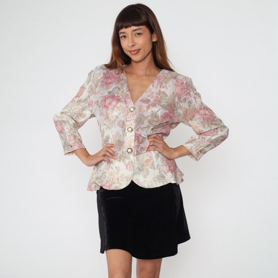 Floral Ruffle Blouse 90s Button Up Shirt Ruffled Flounce Collar Top White Pink Rose Flower Print Long Sleeve Vintage 1990s Medium