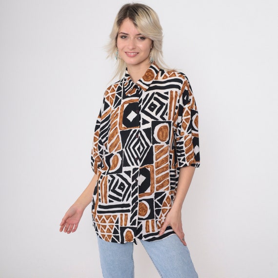 90s Geometric Safari Blouse Button Up Striped Top 1990s Animal Print Shirt Short Sleeve Vintage Retro 1990s Brown Black 16 W Extra Large xl