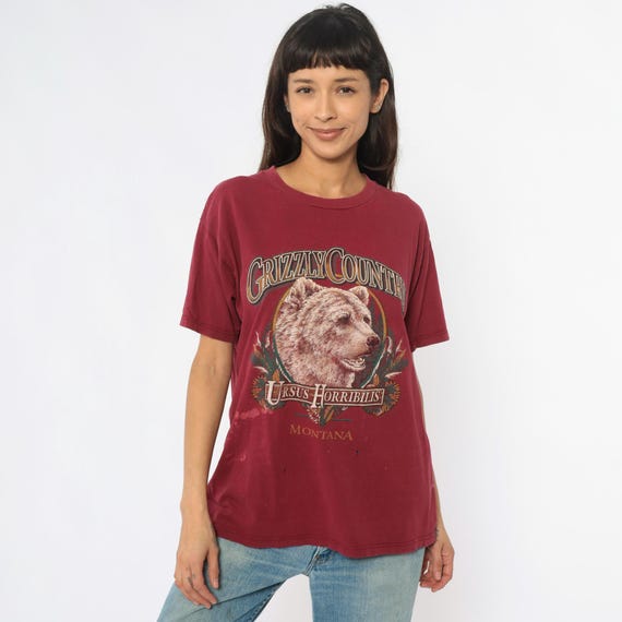 Grizzly Bear Tee 90s Montana Souvenir Tourist Shirt Distressed Burgundy Red Cotton Vintage Ursus Horribilis Wildlife National Park Medium M