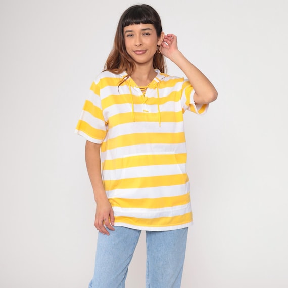 Striped Hoodie Shirt 90s Yellow White Cotton Short Sleeve Lace Up V Neck Oversized Summer Hooded TopBeach Skater Surf Small S