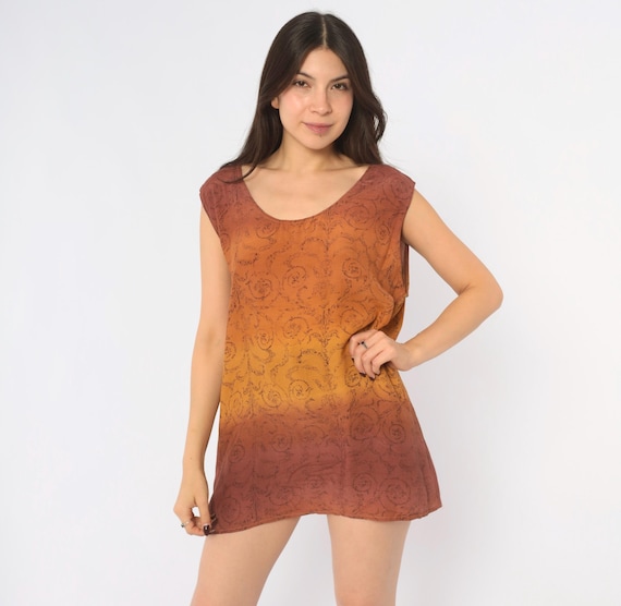 90s Ombre Mini Dress Mustard Rust Brown Terra Cotta Damask Scroll Shift Trapeze Semi Sheer Bohemian Hippie Festival Tunic Vintage Large L