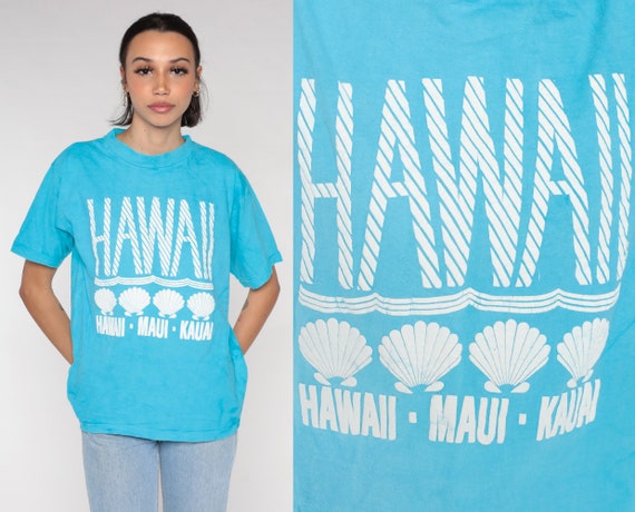 Hawaii T-Shirt 80s Maui Kauai Tshirt Blue Beach Tropical Shirt Shell Graphic Tee Retro Tourist Travel Single Stitch Vintage 1980s Medium
