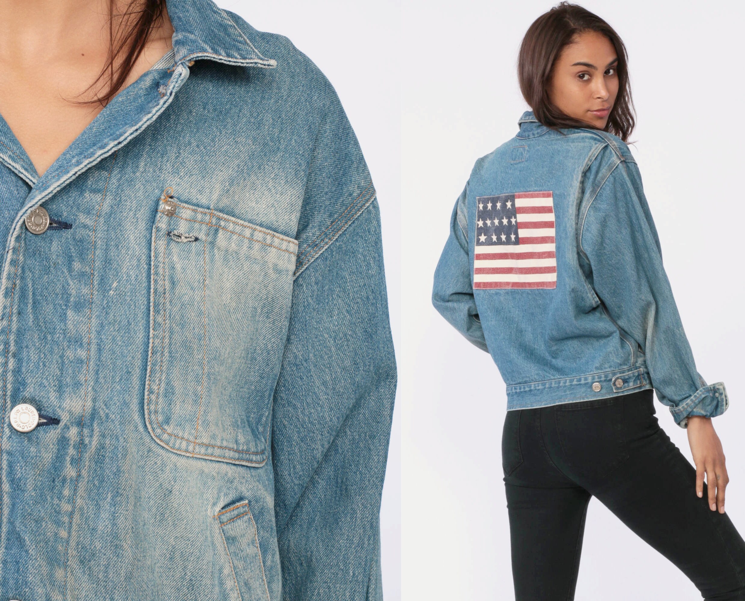 jean jacket with american flag on the back