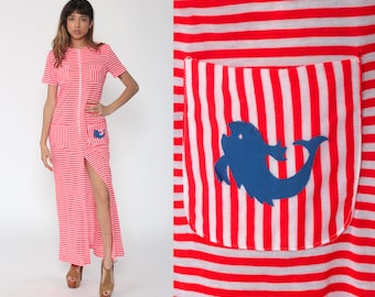 Striped Maxi Dress 70s Vintage FISH DRESS Nautical Dress Red and White Striped High Slit Column Dress Retro Front Zip 1970s Small Medium