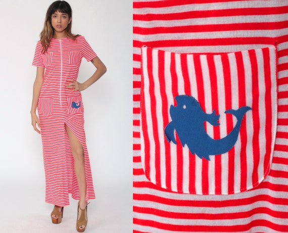 Striped Maxi Dress 70s Vintage FISH DRESS Nautical Dress Red and White Striped High Slit Column Dress Retro Front Zip 1970s Small Medium