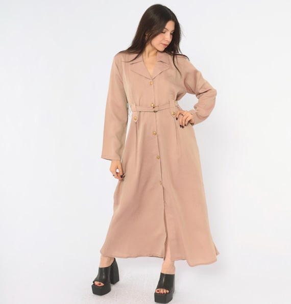 80s Beige Shirt Dress Dusty Pink Button Front Belted Notched Collar Long Sleeve Ankle Length A Line Taupe Blush Minimalist Vintage Large L