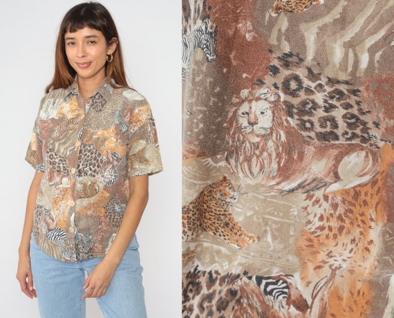 Vintage Safari Animal Shirt 90s Button up Blouse Lion Zebra Elephant Cheetah Print Top Short Sleeve Novelty Wildlife Jungle 1990s Medium M