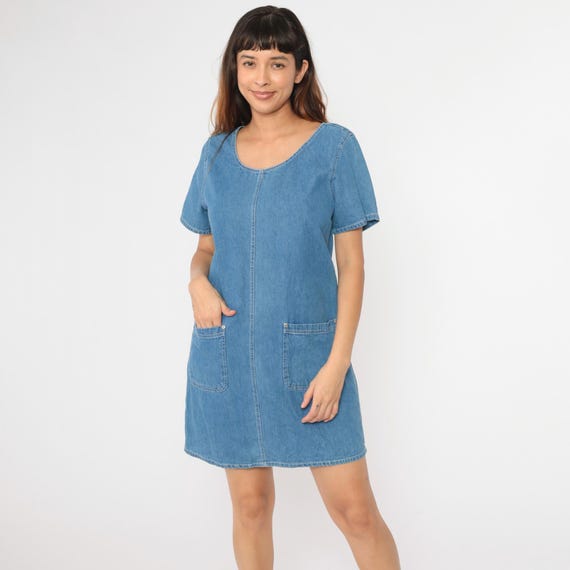 Vintage Denim Dress 90s Mini Jean Shift 1990s Grunge Pocket Blue Normcore Plain Minidress Retro Short Sleeve Erika Small S