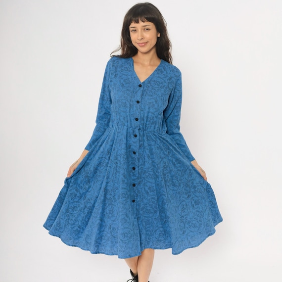 Blue Paisley Dress 80s V Neck Long Sleeve Vintage Secretary Office Work Cottagecore Light Academia Brocade Style Fit Flare Medium M
