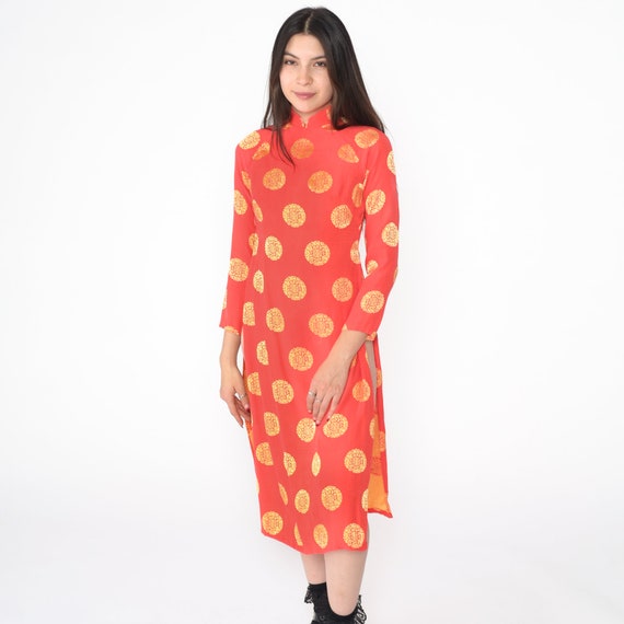 Ao Dai Dress Y2K Medallion Print Vietnamese Red Gold Midi Dress Mandarin Collar Asian High Slit Long Sleeve Vintage 1990s Extra Small xs