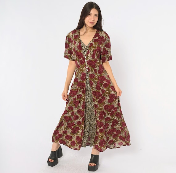 90s Rose Print Maxi Dress Leopard Animal Burgundy Beige V Neck Button Front A Line Soft Grunge Alt Whimsigoth  Dark Floral Vintage Large L
