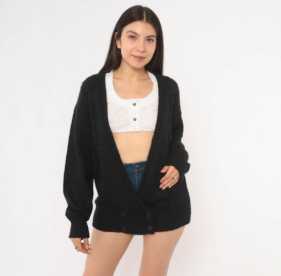 80s Black Cardigan Double Breasted Button Front V Neck Knit Sweater Boxy Grandpa Style Dark Academia Preppy Nerdcore Vintage Winter Medium M