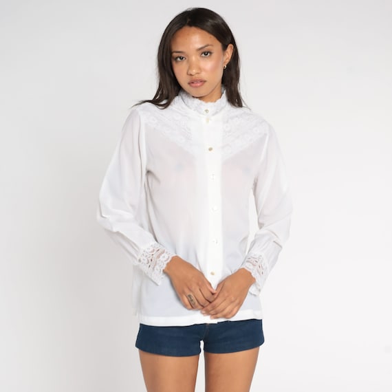Victorian Blouse Sheer White LACE Shirt Boho Top 70s Button Up Shirt Vintage Bohemian 1970s Long Sleeve Mock Neck Medium