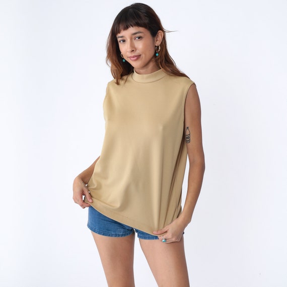 Beige Tank Top 70s Mod Mock Neck Top Tan Sleeveless Shirt Retro Basic Plain Blouse Mockneck Minimalist Neutral Boxy Vintage 1970s Large L