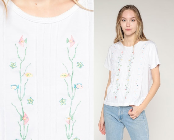Fish Shirt 90s White Embroidered Blouse Tropical Under The Sea Creature Starfish Top Short Sleeve Pleated Shenanigans Vintage 1990s Medium M