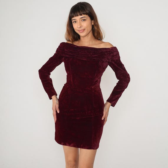 Burgundy Velvet Mini Dress 90s Rampage Off Shoulder Bodycon Wine Crushed Party Going Out Date Night Cocktail Maroon Deep Vintage Small S
