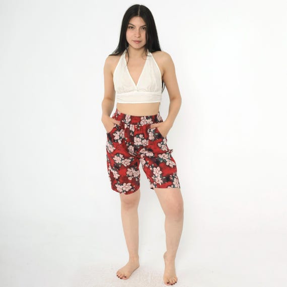 90s Red Floral Shorts Vintage Tropical Bermuda Shorts High Elastic Waist Wide Leg Lounge Retro Streetwear 1990s Extra Small xs