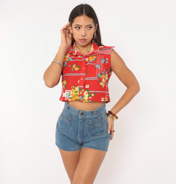 70s Red Floral Crop Top Yellow Rose Print Sleeveless Button Front Pointed Collar Blouse Striped Geometric Pin Up Shirt Vintage Medium M