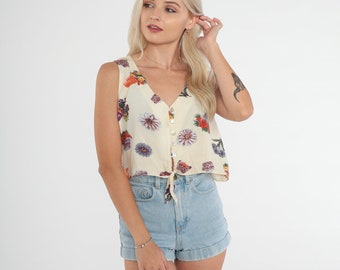 Floral Crop Top 90s Button up Tank Top Cream Gardening Flower Pot Print Cropped Tie Front Shirt Summer Sleeveless Blouse Vintage 1990s Large