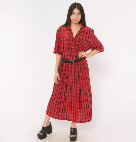 80s Plaid Shirtdress Leslie Fay Red Black Tartan Pleated Midi Belted Waist Crimson Check Print Preppy Academic Vintage Medium Large M L