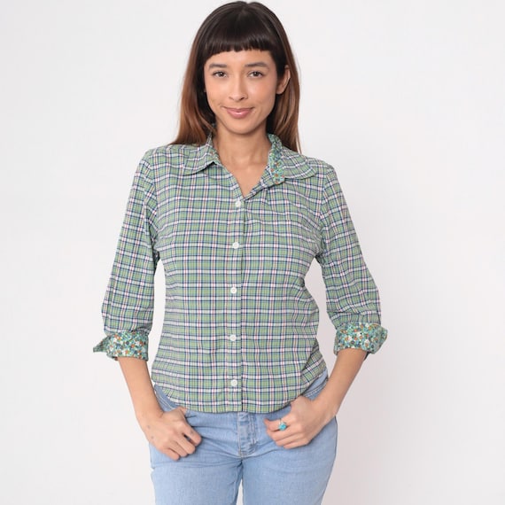 Green Plaid Shirt Y2K Long Sleeve Floral Cuff Detail Cotton Blue White Check Pattern Vintage Top Preppy Grunge Cottagecore Casual Medium M