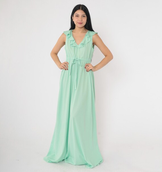 70s Maxi Dress Mint Green Ruffled V Neck Dress Hippie Bohemian Grecian 1970s Drawstring High Waist Boho Long Vintage Sleeveless Medium