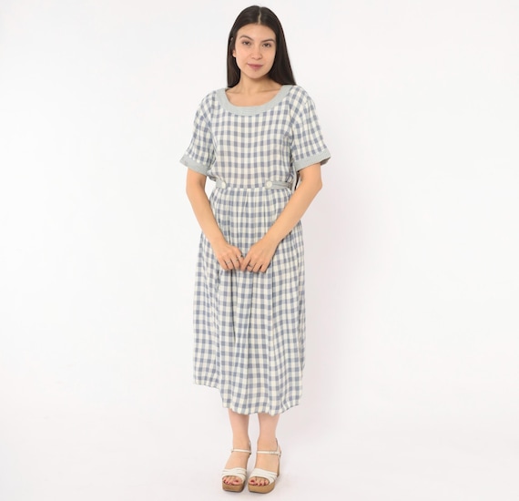 90s Gingham Midi Dress Blue White Check Button Back Pleated Skirt Short Sleeve Cuffed Prairie Cottagecore Plaid Summer Vintage Medium M
